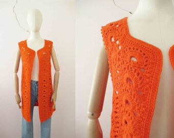 70s Handmade Tangerine Orange Long Wool Crochet Vest Small Medium 20% Off for 2 or more items MORETHANONE20