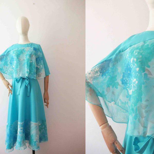 70s Turquoise Aquamarine Caplet Butterfly Sleeve Midi Dress Medium 20% Off for 2 or more items MORETHANONE20