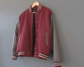 Vintage 80s Burgundy Wool Grey Leather Sleeve Bomber Jacket Unisex Medium  20% Off for 2 or more items MORETHANONE20