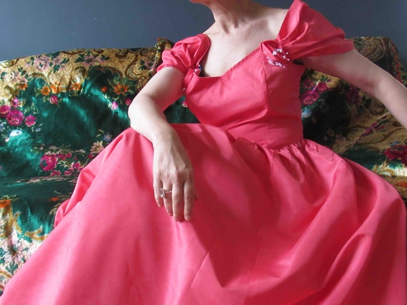 Vintage 80s Coral Pink Maxi Prom Dress Medium