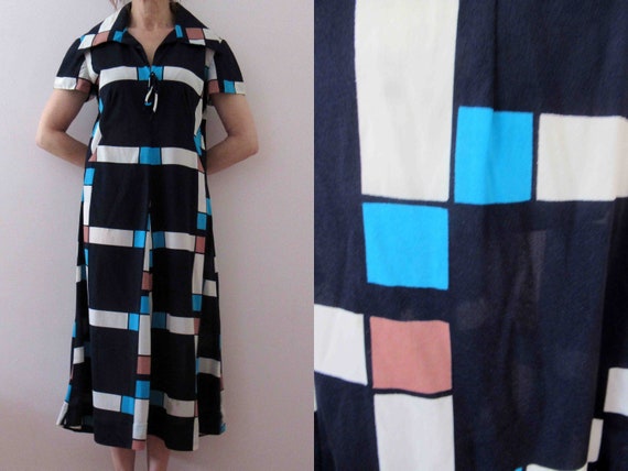 Vintage 70s Geometric Mondrian Colour Block Day Dr