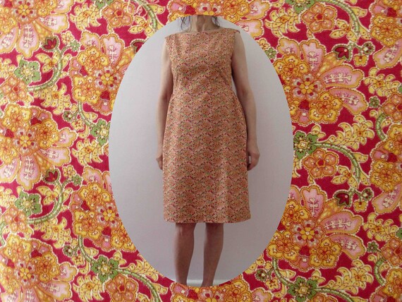 Vintage 80s Handmade Shift Dress Orange Floral Sma