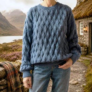Vintage Handmade Teal Wool Embossed Leaf Knit Jumper, S-M
