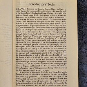 May include: Open book page with the title "Introductory Note" at the top. The text describes the life of Ralph Waldo Emerson, including his birth, education, and career as a writer and thinker. The text is in black font.