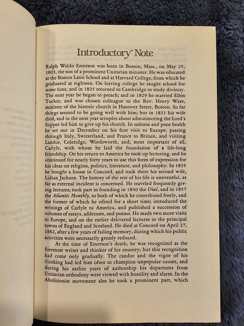 May include: Open book page with the title "Introductory Note" at the top. The text describes the life of Ralph Waldo Emerson, including his birth, education, and career as a writer and thinker. The text is in black font.