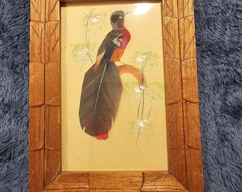 Feather Art Bird picture in Light wood frame, Made in Mexico, Vintage, 7x5 inches