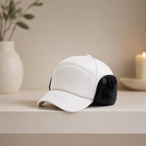 Winter Trapper Baseball Cap with Ear Flaps, White Faux Leather Hat, Warm Unisex Cold Weather Cap, Stylish Outdoor Hat