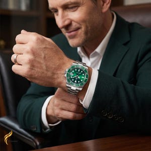 Puede incluir: Un reloj de pulsera de acero inoxidable con esfera y bisel verdes. El reloj tiene una correa plateada y se lleva en la muñeca. El reloj tiene una visualización de la fecha a las 3 en punto. El fondo está borroso, con una persona con un traje verde oscuro.