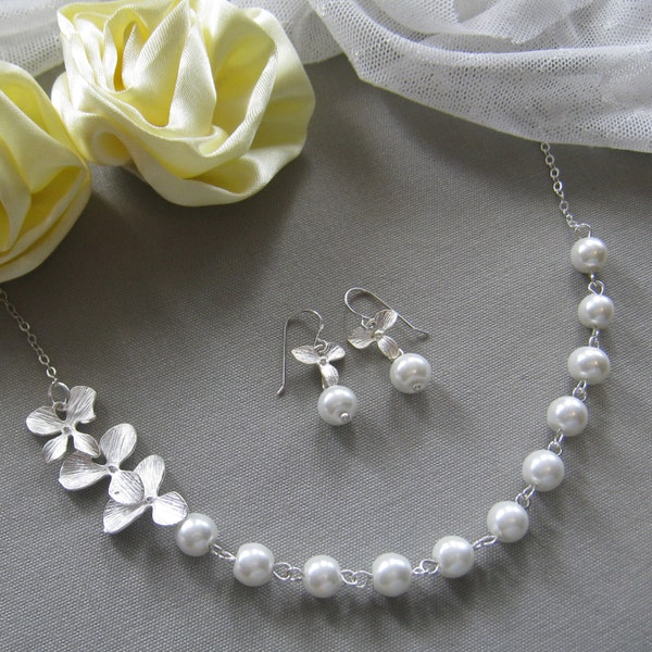 Orchid flower pearl necklace and earring SET, bridesmaids necklace, bridesmaid gift, wedding jewelry - W016S (Choose your pearl colour)