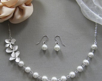 Orchid flower pearl necklace and earring SET, bridesmaids necklace, wedding jewelry - W017S (Choose your pearl colour)