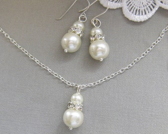 bridesmaid necklace earring set, rhinestone necklaces bridesmaid gifts wedding pearl jewelry - W004 white ivory pearl custom