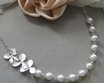 Orchid flower pearl necklace, bridesmaids necklace, wedding jewelry - W017 (Choose your pearl colour)