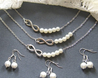 Infinity pearl necklace and earring set, bridesmaids, wedding jewelry - W045S (Choose your pearl colour)