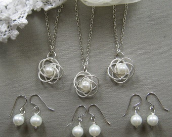 Silver twisted flower pearl necklace and earring SET, bridesmaids necklace, wedding jewelry - W009S (Choose your pearl colour)