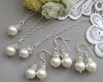 Rhinestone pearl necklace  earring set, bridesmaid necklace, bridesmaids gift custom pearl jewelry white ivory pearl W003S