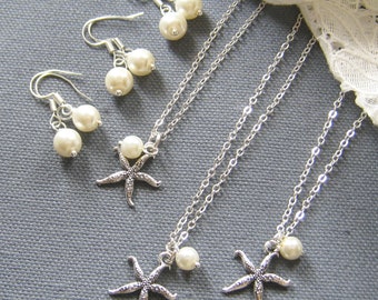 Starfish pearl necklace, bridesmaid necklace, bridemaid gift wedding jewelry set white ivory pearl - W047