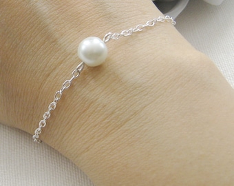 Pulsera de una sola perla, pulsera de perlas, pulsera de dama de honor, joyería de boda, regalo de fiesta de bodas - BR001