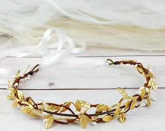 Simple gold leave  wrearth, Rustic wedding crown, hair accessories, Bridal headpiece, Floral accssories, gold leave C4