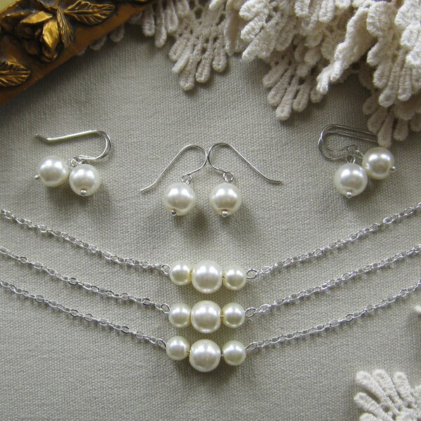 SET of 5 bridesmaid pearl necklace earring, bridesmaid necklaces, bridesmaids gift wedding jewelry white ivory pearl custom color W006S