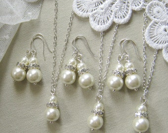 SET of 6 bridesmaid necklace earring set, rhinestone necklaces bridesmaid gifts wedding pearl jewelry - W004 white ivory pearl custom