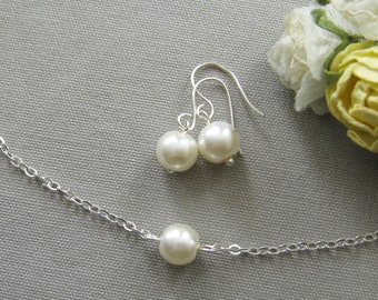 single pearl bridesmaid necklace and earring set, bridesmaid necklaces, gifts wedding jewelry white ivory - custom color W001S