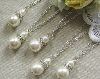 bridesmaid necklace, rhinestone necklaces bridesmaid gifts wedding pearl jewelry - W004 white ivory pearl custom