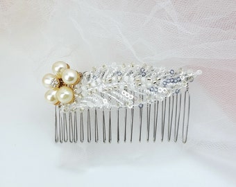 Wedding hair comb, rhinestone pearl hair comb, bridal, beads hair accessories, lace wedding jewelry WH016