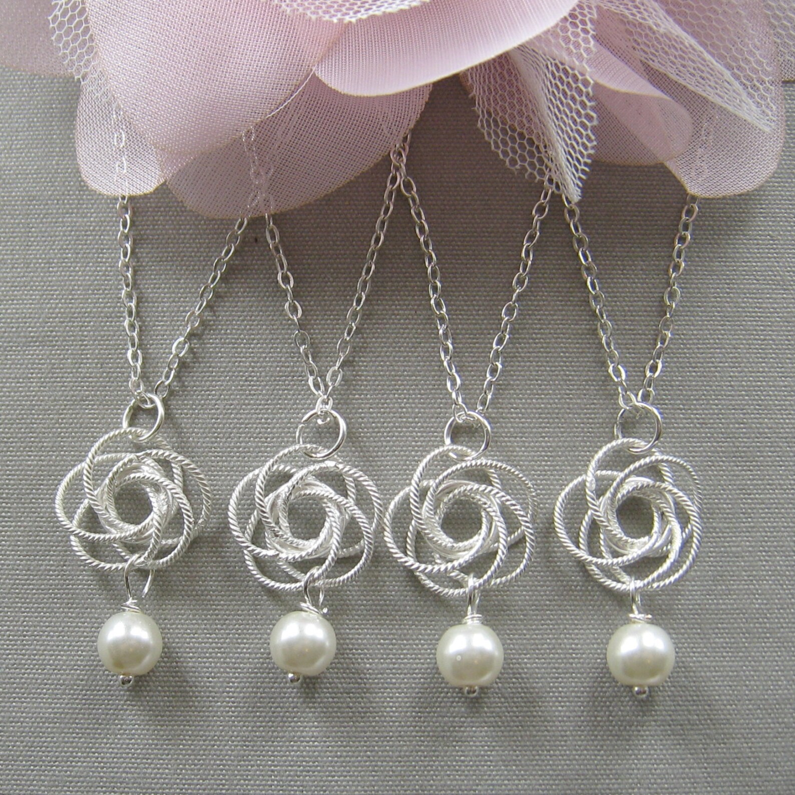 SET of 5 Silver Twisted Flower Pearl Necklace, Bridesmaids Necklace