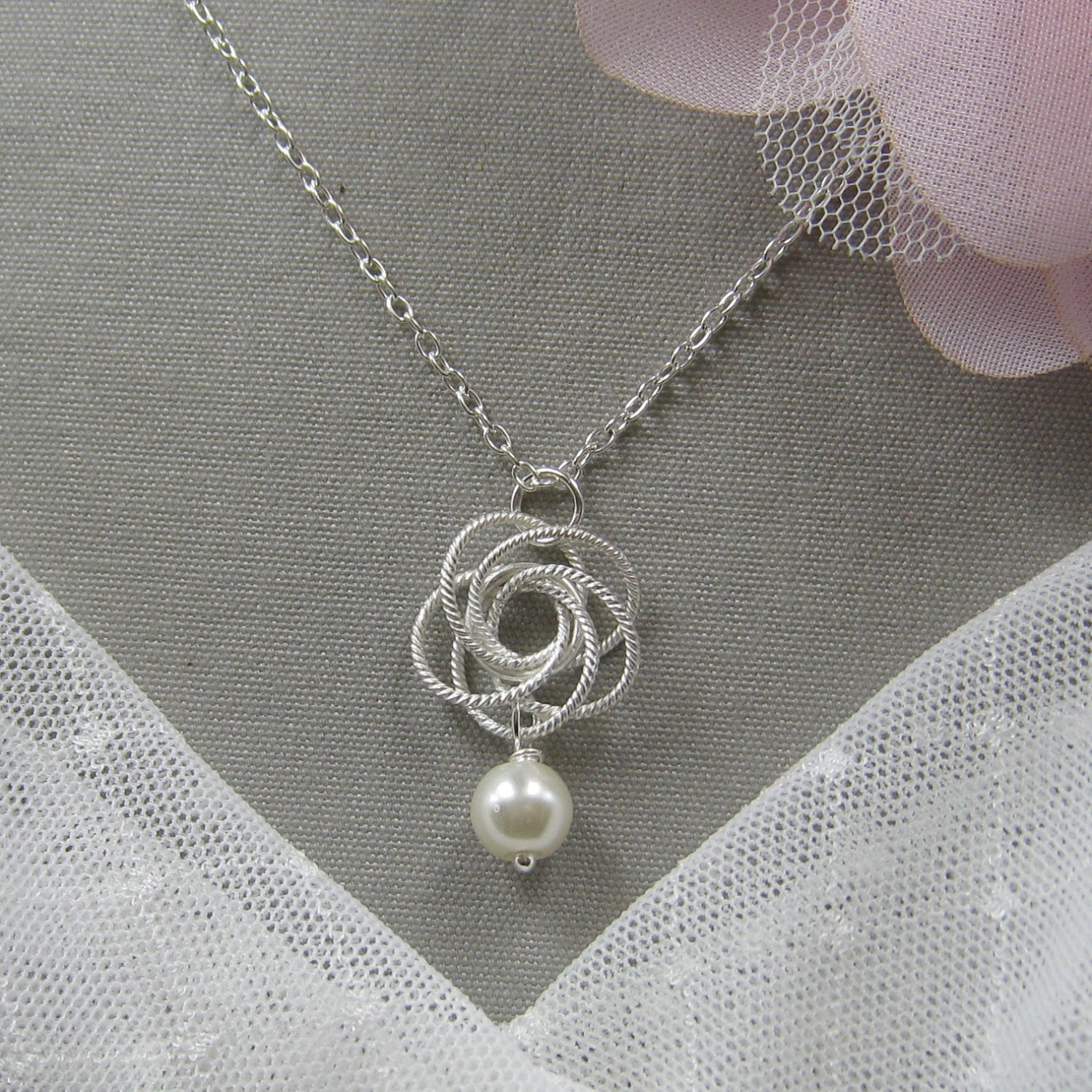 SET of 5 Silver Twisted Flower Pearl Necklace, Bridesmaids Necklace
