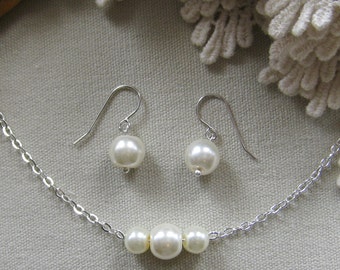 bridesmaid pearl necklace earring, bridesmaid necklaces, bridesmaids gift wedding jewelry white ivory pearl custom color W006S