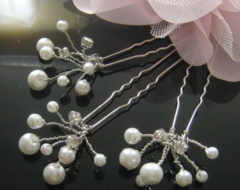 Set of 3 pcs - rhinestone pearl hair pin, bridal, bridesmaids hair accessories, wedding jewelry (H-004)