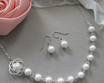 Silver twisted flower pearl necklace and earring SET, bridesmaids necklace, wedding jewelry - W011S (Choose your pearl colour)