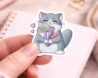 Schattige kat met bloemen sticker | Romantische kattendecoratie | Valentijnscadeau voor kattenliefhebbers | Glanzende sticker voor laptop en planner