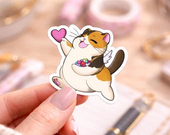 Schattige liefdeskat sticker | Kawaii hartjeskatje | Romantische laptopsticker | Cadeau voor kattenliefhebber