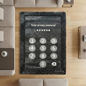 May include: A rectangular dark gray shaggy area rug featuring a white digital keypad graphic with the text Enter privacy password, numbers zero through nine, and a delete icon. The brand name Avika Rugs is printed in the bottom right corner.