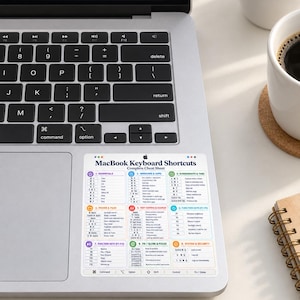 Puede incluir: Una pegatina rectangular que presenta una hoja de trucos de atajos de teclado para MacBook con nueve secciones codificadas por colores. La pegatina blanca muestra texto negro, iconos y símbolos de teclado para varios comandos del sistema, organizados en categorías.