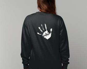 Strong Handprint Sweatshirt | Women’s Empowerment Crewneck | Gym Motivation Pullover | Minimalist Back Print Sweatshirt | Unisex Streetwear
