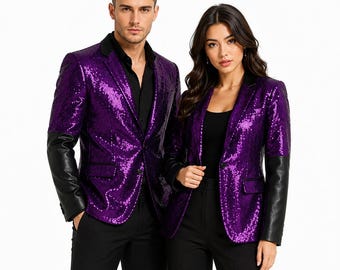 Purple Sequin Blazer Jacket with Black Leather-Look Sleeves – Papa V Cosplay, Concert Outfit