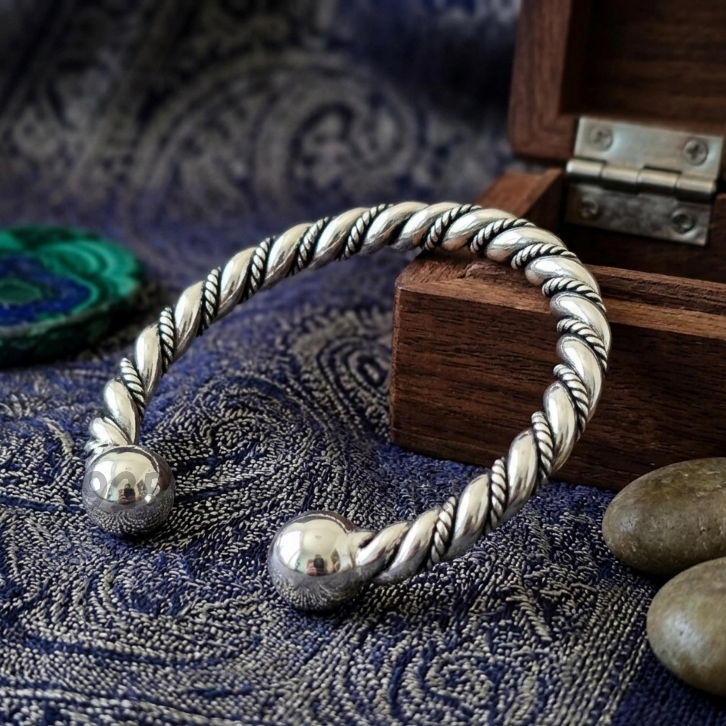 925 Sterling Silver Twisted Rope Cuff Bracelet, Adjustable Ball
