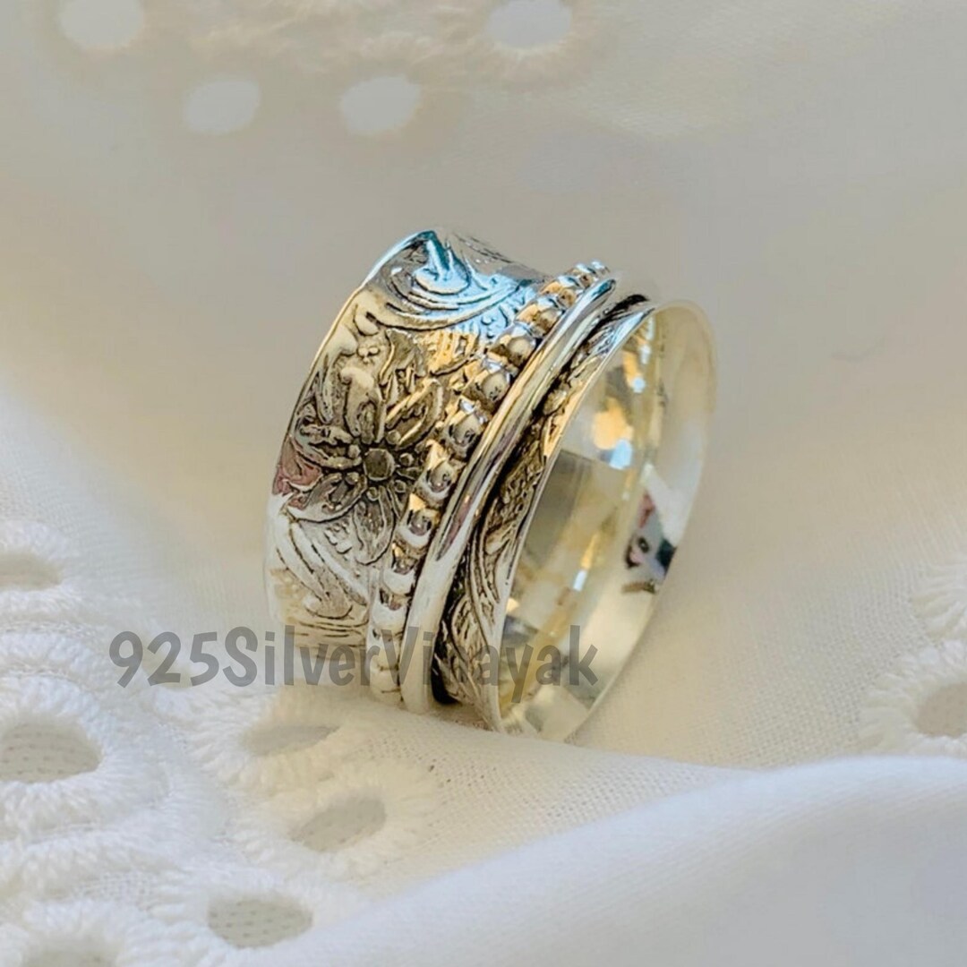 Sterling Silver Floral Spinner Ring, Wide Band Anxiety Fidget Jewelry ...