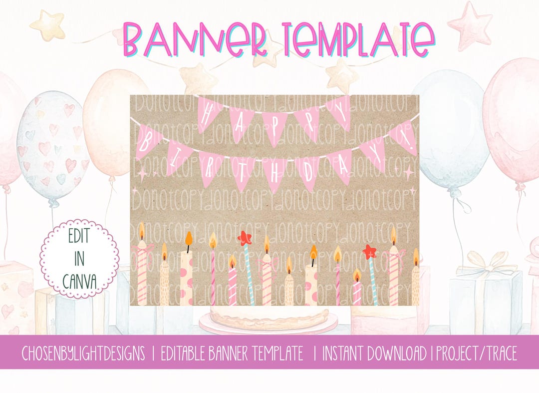Pink Happy Birthday Banner Template | Editable Canva Bunting (instant