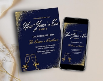 Invitación de Nochevieja en negro y plateado, plantilla editable de Canva, invitación para fiesta de fin de año