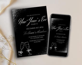 Invitación de Nochevieja en negro y plateado, plantilla editable de Canva, invitación para fiesta de fin de año