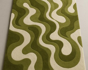 Hand Tufted Olive Green Rug, Wavy Abstract Mid Century Modern Design