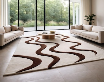 Hand Tufted Wool Area Rug, Brown Wave Design, Modern Living Room