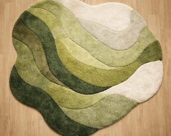 Hand Tufted Wool Area Rug – Green Abstract Wavy Design