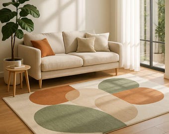 Hand Tufted Wool Area Rug, Modern Abstract Geometric Carpet, Sage Green & Terracotta