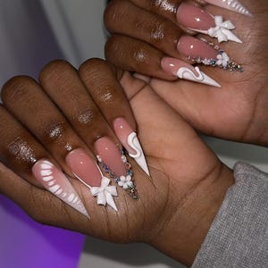 Kawaii White Bow & Floral Long Stiletto Press On Nails | Elegant Bridal Nude Textured French Art | Basic Acrylic Nails For Clean Girl