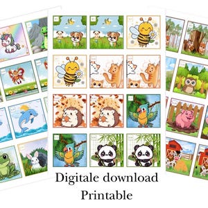 May include: Sheets of printable digital art featuring colourful cartoon animals, including a unicorn, bee, cat, hedgehog, panda, and more. The text "Digitale download Printable" is at the bottom of the image.