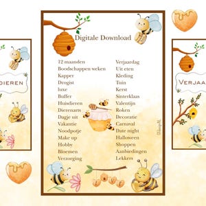 Könnte beinhalten: Ein digitaler Download mit einem Bienenthema. Das Design umfasst Cartoon-Bienen, Waben und Text auf Niederländisch. Die Wörter "Huisdieren" und "Verjaardag" sind sichtbar. Das allgemeine Farbschema ist Gelb und Braun.